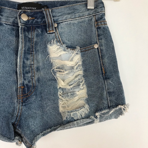 MINKPINK DISTRESSED DENIM HIGH RISE SHORTS - Picture 2 of 4
